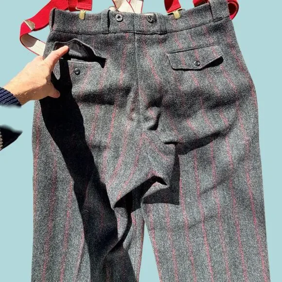 Vintage 1960s LL Bean Script Tag Heavy Wool Hunting Pants with Suspenders Stripe - Picture 4 of 16